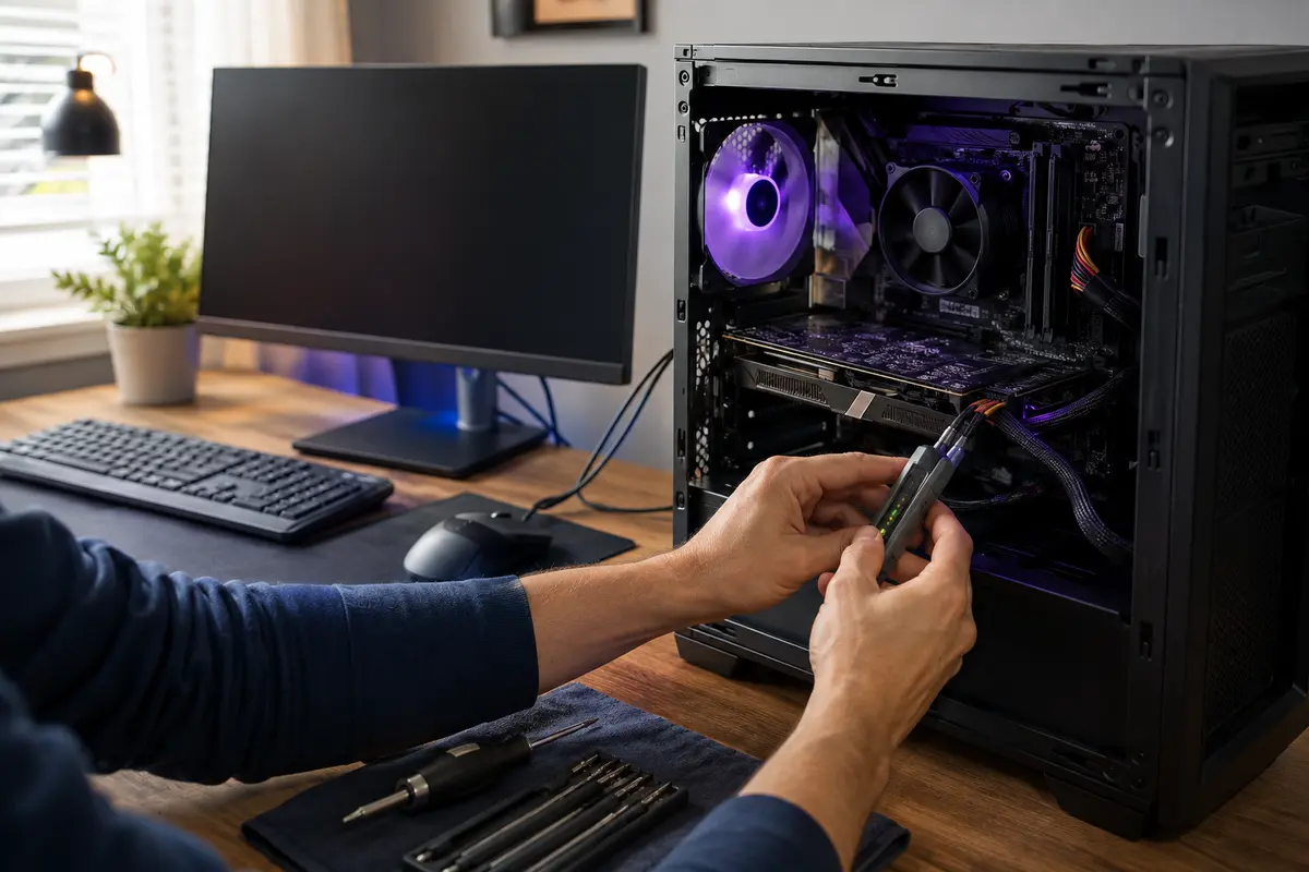 Technician diagnosing a desktop computer in a home office