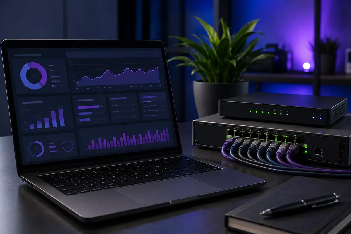 Laptop monitoring dashboard beside managed network equipment