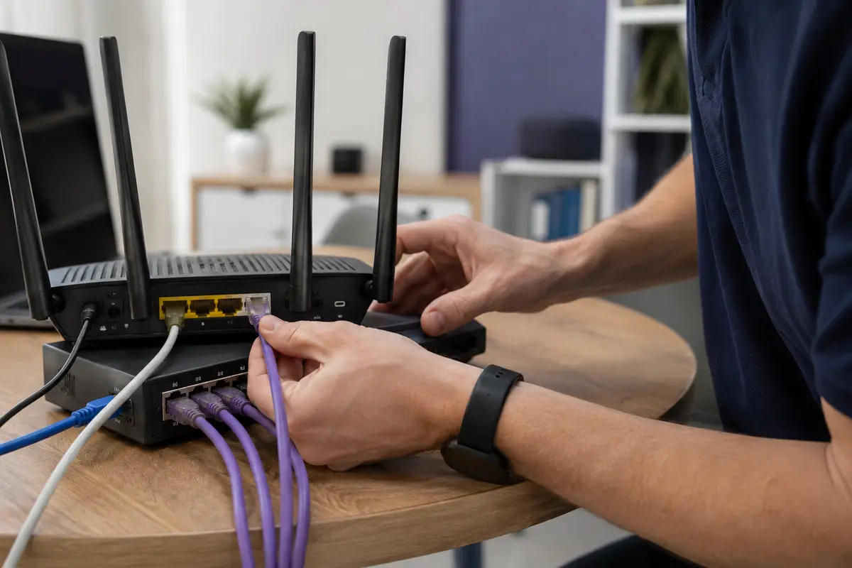 Technician connecting a Wi-Fi router and network switch