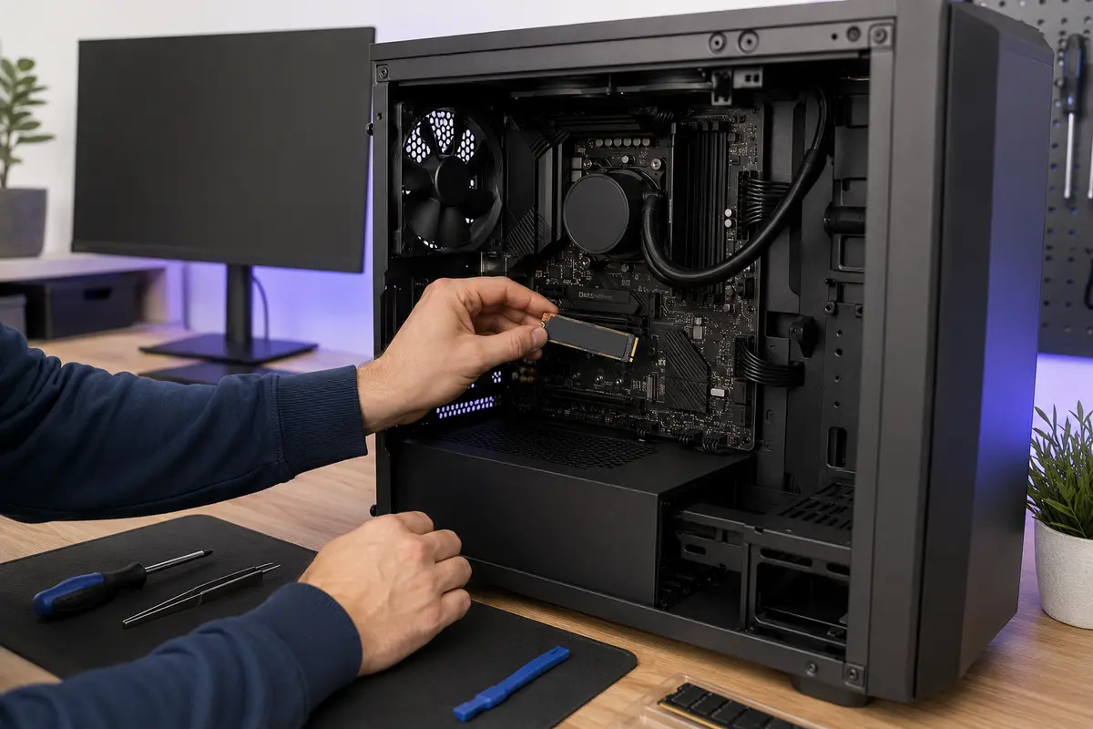 Technician installing a component in a new desktop computer