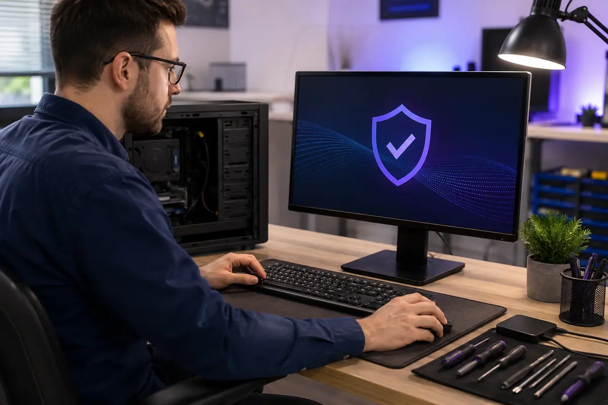 Technician checking a desktop computer for security threats