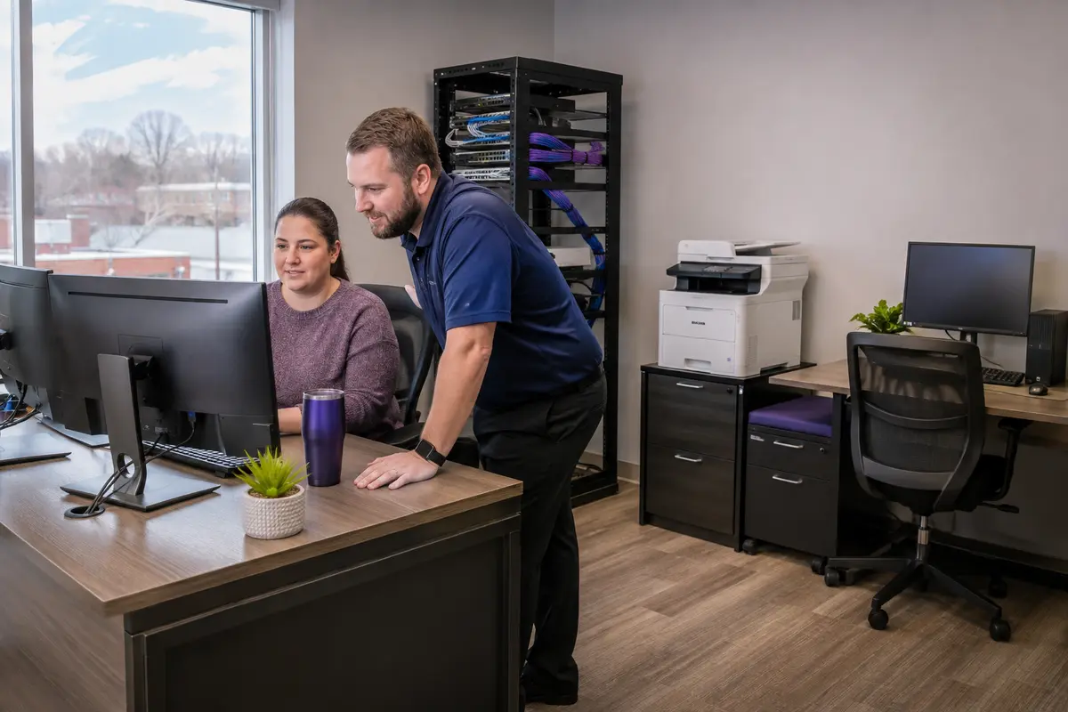 Technician helping a customer with computers in a small-business office